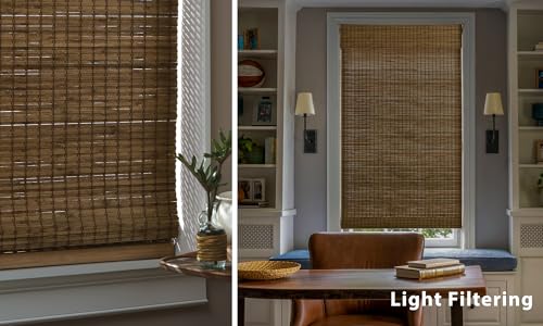Image of LazBlinds No Tools No Drill Cordless Bamboo Roman Shades, Light Filtering Window Treatment, Roll Up Bamboo Blinds for Windows 23'' W x 64'' H, Eastfield Teak