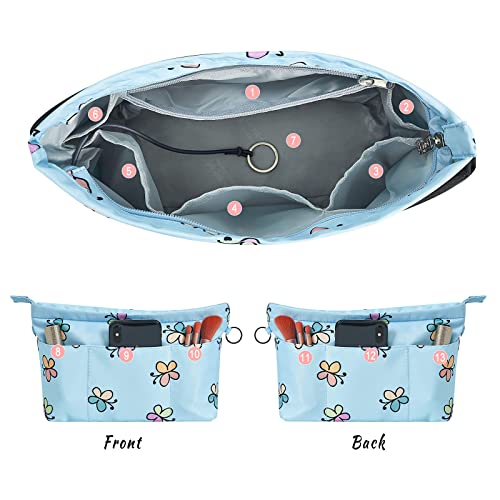 Vercord Premium Nylon Purse Organizer Tote Handbag Insert Organizers Bag In Bag Zipper 13 Pockets Blue Butterfly Medium #TOP4
