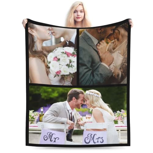 Mynvzrk Personalized Custom Blankets with Picture, Customized with Ohoto Text Logo Name Flannel Throw Blanket Gifts for Mom Dad Couple Wife Husband, 3 Photos, 40"x60"