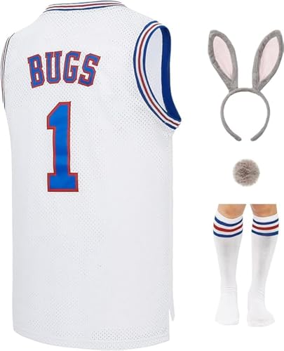 Mens #1 Bugs #10 Lola Basketball Jersey for Women Couples Halloween Cosplay Costume Movie Outfit with Accessory (White1 Large)