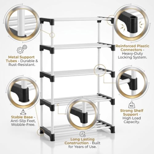 Image of NILUX Space-Saving Adjustable Storage Rack for Home and Office Use with Strong Plastic Shelves for Books and Accessories (White, Medium, 5)