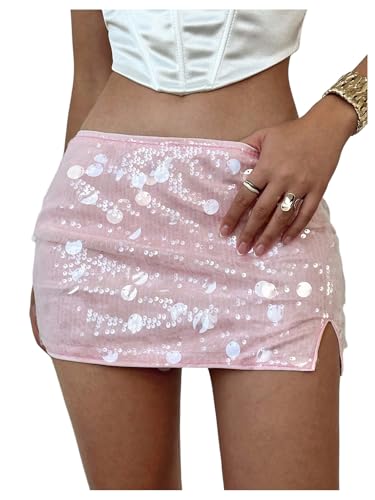 MakeMeChic Women's Sequin Sparkly Skirt Mini Micro Glitter Y2k Low Rise Summer Skirt Light Pink Medium