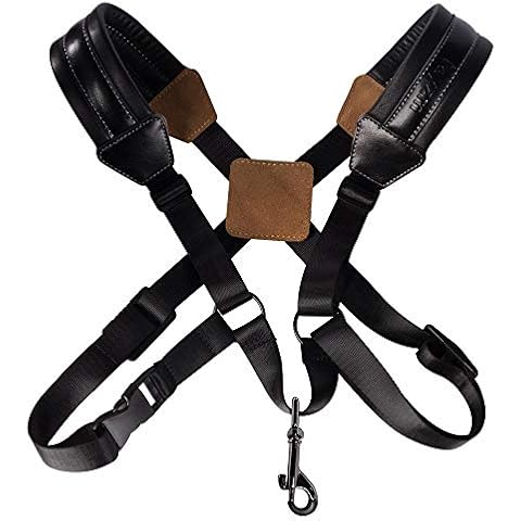 Rayzm Saxophone Strap, Universal Double Shoulder Leather Strap for Sax, Adjustable Padded Harness Strap for Alto Tenor Soprano Baritone Saxophone (Large Size) Cover