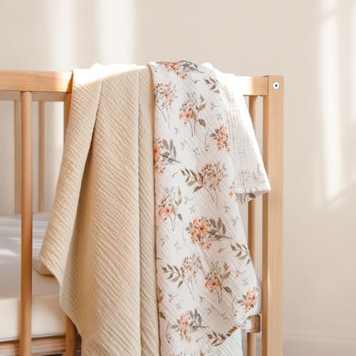 Image of lulumoon Muslin Swaddle Blankets for Baby: Soft Cotton Newborn Receiving Blankets - Floral Print Nursery Gift Set for Baby Girls(White Flower)
