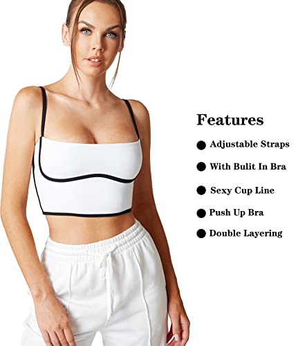 Image of Sleeveless Spaghetti Strap Padded Sports Bra Tank Tops Square Neck Double Layer Workout Fitness Basic Crop Tops