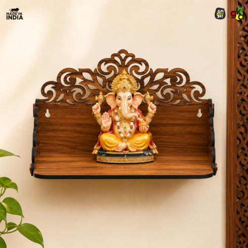 Image of Gift Kya De GKD Wooden Pooja Mandir for Home Wall | Small Temple for Office & Room | Indian Wooden Temple for Table or Shelf | Compact DIY Mandir | 12x9x6 Inch | Classic Design (Classic Walnut)
