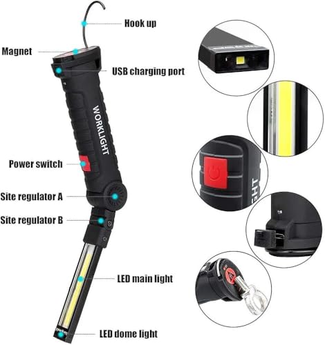 Image of 1Pack, Portable Rechargeable Magnetic LED 4Mode Work Light - Foldable 360 COB Lamp with USB Charging, Waterproof Inspection Flashlight for Mechanic, Garage, Home & Outdoor Use