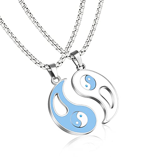 Buleens Yin Yang Necklaces For Women Mens Girls Bff Couple Friendship Matching Necklace Chain Pendant Set Stainless Steel Cubic Zirconia Best Friend Long CZ 18K Gold Silver Plated Jewelry Cool Chunky (Tai Chi-White Blue)
