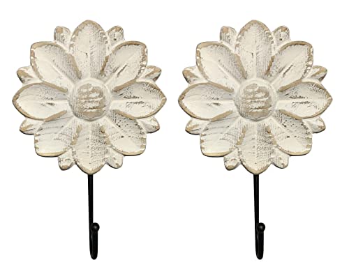 Image of dwellington Decorative Wall Mounted Flower Hooks, White Distressed Wood Hanging Hooks, Farmhouse Boho Coat Rack for Hanging Things, Towels, Purse
