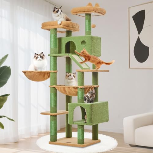Taoqimiao Tiragraffi per Gatti, 180cm Stabile Tiragraffi per Gatti Adulti xxl con 2 Grotte,1 Amaca, 1 Cestini, 8 Pali Graffiatoi, 2 piattaforme, Materiale di Flanella Morbida, Verde MSC026L