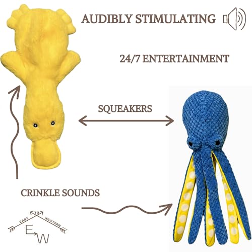 Duck and Octopus Dog Toy Set  Crinkle Squeaky Plush No Stuffing Interactive Calm Fun Cuddle Play  Large Medium Small Dogs and Puppy  Audible Stimulation  Bright Colors  Cucciolini Doodles Duck and octopus dog toy set  crinkle squeaky plush no stuffing interactive calm fun cuddle play  large medium small dogs and puppy  audible stimulation  bright colors   cucciolini doodles