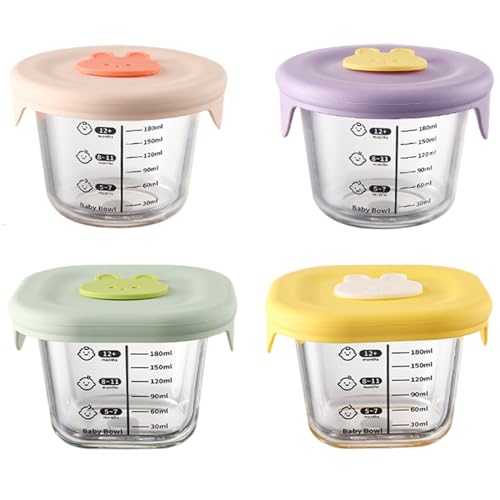 Contenedores de alimentos para bebés 4pcs 230 ml de vidrio no tóxico redondo y cuadrado frascos de alimentos para bebés con tapa y escala de silicona -20-400 ℃ Contenedores de almacenamiento de micro
