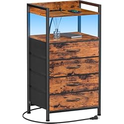 Furnulem Night Stand with Charging Station, 4 Drawer Tall Bedside Table | small dresser for bedroom, with LED light & Remote Control, Fabric Bins and Metal Frame,Wood Desk Top,Easy Assemble for Dorm