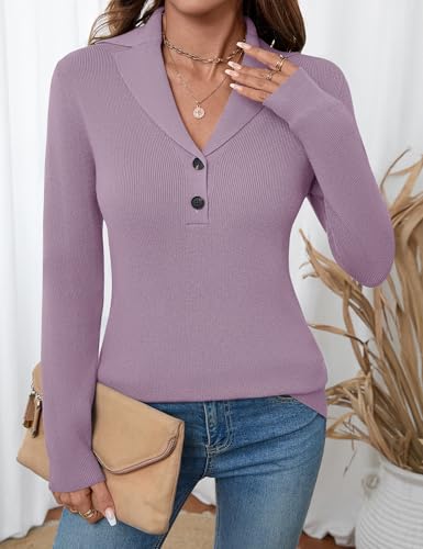 Image of LOMON Sweaters for Women 2025 Fall Knitted V-Neck Collared Button Pullover Dressy Casual Long Sleeve Polo Shirts Business