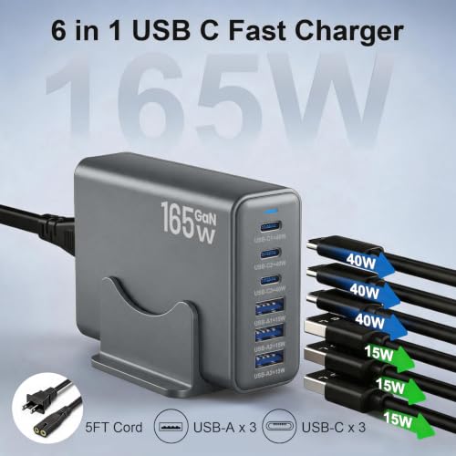Image of 165W Charging Station, 6 Port Desktop Charger, 3 Ports 40W Grey