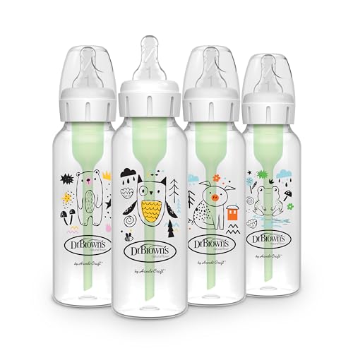Image of Dr. Brown's Natural Flow Anti-Colic Options+ Narrow Baby Bottle, 8 oz/250 mL, with Level 1 Slow Flow Nipple, BPA Free, 0m+, Bear, Owl, Pig, Frog, 4-Pack