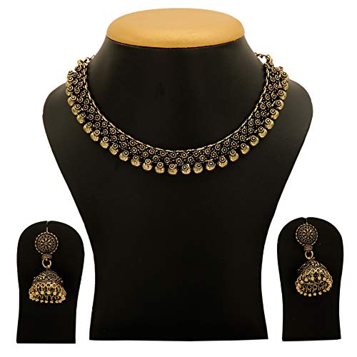 Sasitrends Golden Brass Alloy German Silver Antique Gold Necklace with Jhumki for Women (Gold)