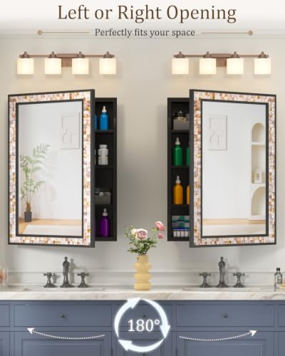 Image of 20 inchx30 inch Black Bathroom Medicine Cabinet with Mirror, Art Deco Mother of Pearl Vanity Mirror with Storage, Reversible Wall Mount or Recessed, Left or Right Open, 3 Shelves 1 organizer Large Space
