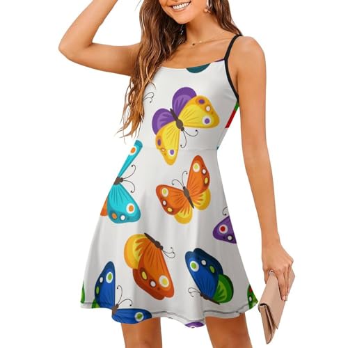 Robe d'été à bretelles imprimé coloré chic sans manches avec coupe fluide évasée