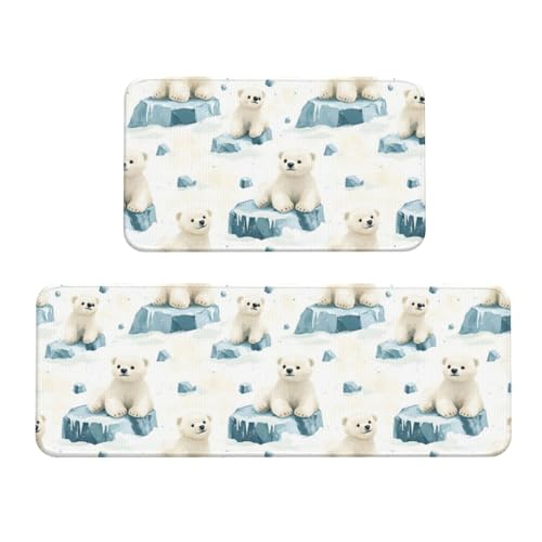 GVYGVY Antifatigue Kitchen Mats for Floor 2 Piece - Cute Bear White Print Kitchen Rugs Washable, Non Slip Runner Rug Standing Mat for Office/Bathroom/Laundry/Home Decor and Accessories