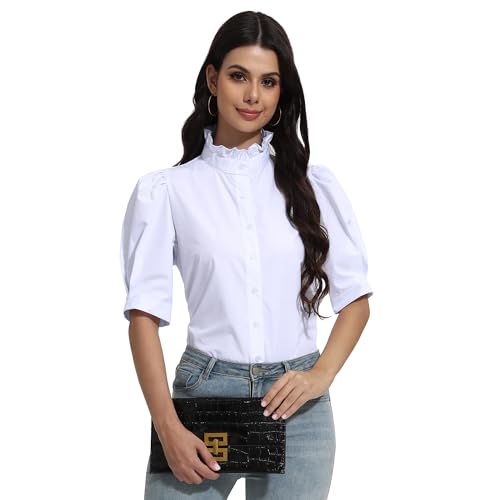 SUNNOW Women's Summer Top Ruffle Stand Collar Button Down Shirt Tailored Puff Sleeves Blouse Basic Simple Shirts