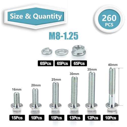 Image of 260Pcs Flange Hex Bolts and Nuts Kit,M8 x1.25 (M6 x1.0 M10-1.25 Available) (16mm to 40mm) Metric Bolt Assortment,Alloy Steel Class 8.8 Zinc Plated