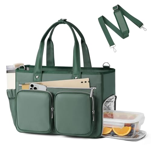 TOPEAST Work Bags for Women Lightweight Nurse Tote Bag with Insulated Compartment Teacher Work Tote Diaper Handbag with Water Bottle Holder & Adjustable Shoulder Strap Green
