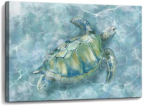 Bathroom Wall Decor Sea Turtle HD Pictures Print on Canvas Framed Wall Art for Bedroom Kitchen Modern Blue Coastal Room Decorations Art Work Green Turtle on Blue Water Size 12x16 inches Ready to Hang