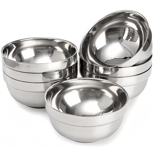 FISDEN 6 Pack 18/8 Stainless Steel Bowl, Double Walled Insulated Soup Bowls, 12 Oz Metal Serving Dishes Unbreakable Snack Bowl for Sauces, Rice, Noodle, Ice Cream