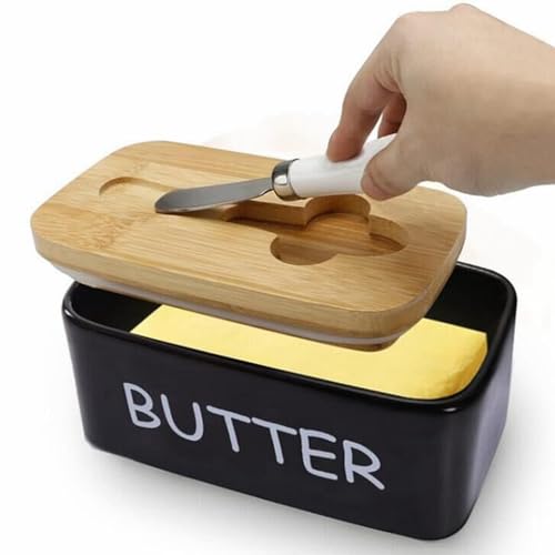 Porcelain Butter Dish Container with Air-tight Seal Lid and Stainless Steel Butter Knife and Covered Butter Dish Perfect for Mother's Day Gift (Black)