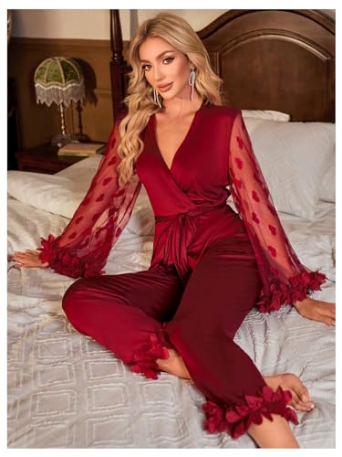 Verdusa Women's Feather Trim Silk Satin Pajamas Button Down Long Sleeve Top and Pants Lounge Set4