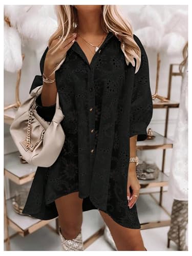 SOLY HUX Women's Button Down Shirts 3/4 Sleeve Collared Eyelet Flowy Vacation Blouse Oversized Tops3