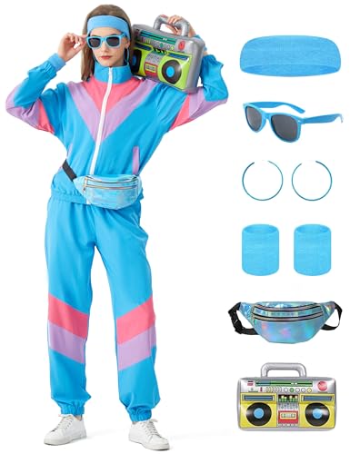 80s Tracksuit for Women Retro Windbreaker Suit 80s 90s Outfit for Women Color Block Track Suit Set