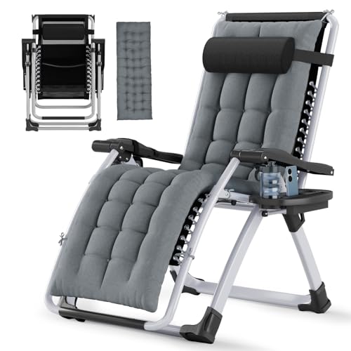Soontrans Tumbonas Jardin Exterior con Cojín, Tumbona Plegable con Portavasos y Reposacabezas ExtraíBle,Respaldo Ajustable, Silla Reclinable para Playa y Jardín y Camping, Carga de 120 KG (Gris)
