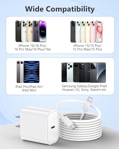 Image of iPhone 17 16 15 Fast Charger, 25W USB C Wall Charger Block with 60W 6 FT USBC Cable for iPhone 17 /17 Pro /17 Pro max /Air /16 15 Pro Max Plus, iPad, Samsung, 25 Watt Type C Charging Block and Long Cord