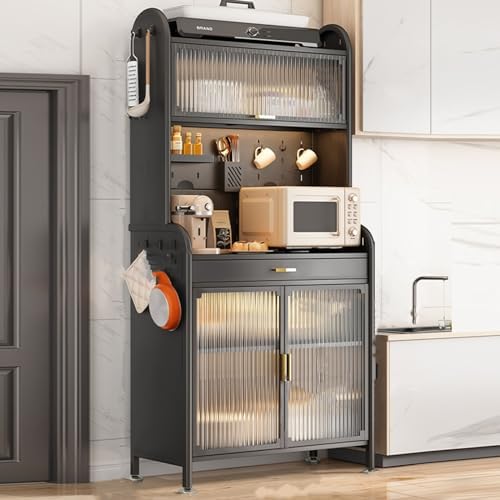 White 5-Tier Adjustable Kitchen Storage Cabinet, Clear Door Bakers Rack, Space-Saving Pantry Shelf for Kitchen & Hallway Organization, 70cm/27.6in