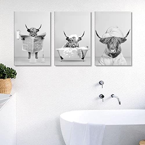 Framed 3Pcs Black And White Highland Cow Wall Art Bathroom Decor Canva Poster Printing Canvas Artwork Living Room Apartment Bedroom Bathroom Office Hotel 12X16Inch Ready To Hang #TOP3