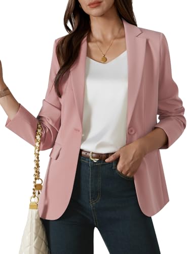 Kelyaa Womens One Button Blazer Casual Open Front Long Sleeve Suit Jackets Business Work Office Blazers with Pockets Nude Pink