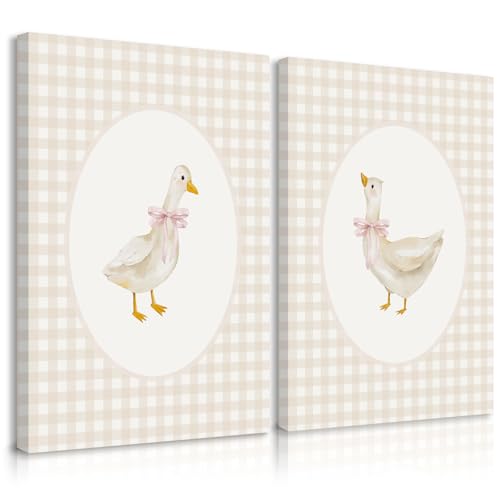 Image of Nursery Goose Wall Art Girl Coquette Canvas Wall Decor Baby Room Wall Art Pink Bow Pictures Vintage Prints Duck Gingham Poster Girl Nursery Painting for Bedroom Living Room 12x16x2 Inch Ready to Hang
