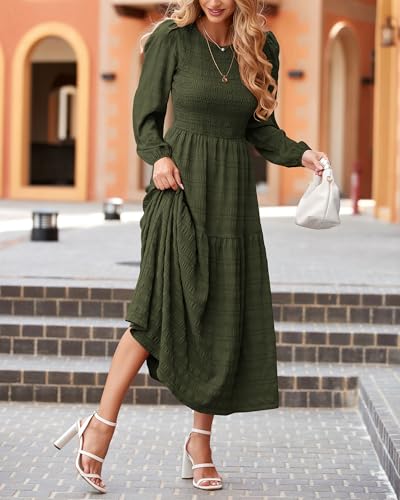 dowerme Women's Dresses 2025 Fall Puff Long Sleeve Crewneck Smocked Tiered Flowy A-Line Boho Wedding Party Maxi Dress3