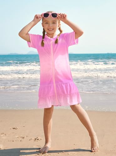 Image of BesserBay Kids Summer Zip-up Terry with Hood Towel Dress with Pockets Tiered Loose Fit Pink Quickly Dry Beach Robe 3-4 Years