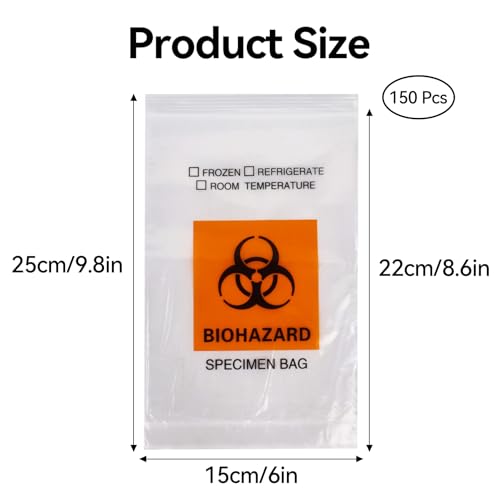 Image of Klmnop 150Pcs Biohazard Specimen Bags, 6x9.8in with Biohazard Logo Printing, Ziplock Top Laboratory Sample Bag with Outside Pocket Paperwork Pouch(Clear)