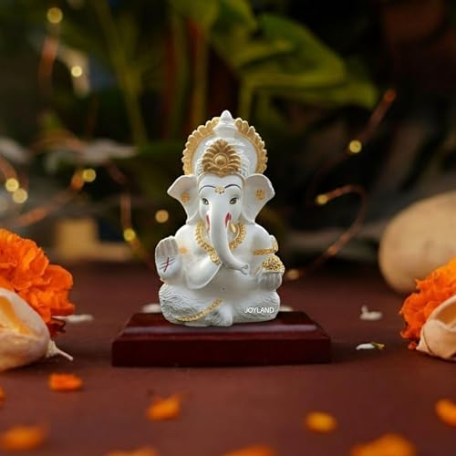 Image of JOY LAND Lord Ganesha Car Dashboard Idol | White & Gold Ganesh Murti for Car Dashboard, Home & Office Decor (White Gold)