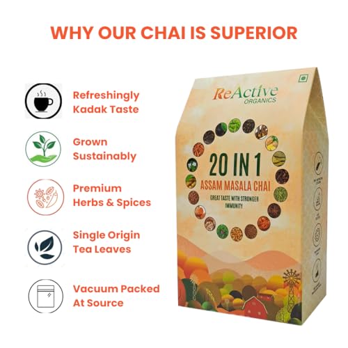 Image of ReActive Organics Ayurvedic Chai 200g | CTC-enriched Strong Kadak Assam Masala Chai | Made with 20 Natural Spices | Herbal Tea for Digestion & Immunity | Wellness Masala Tea