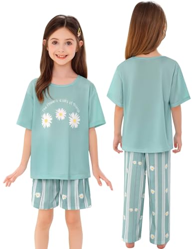 SWOMOG Girls Pajamas Sets 3 Piece Short Sleeve Sleepwear Summer Cute Pjs Cartoon Print Loungewear for Kids Size 6-152