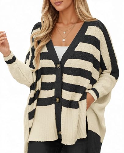 Saodimallsu Womens Oversized Striped Cardigan Sweaters V Neck Fuzzy Knit Button Up Side Slit Fall Sweater Coats