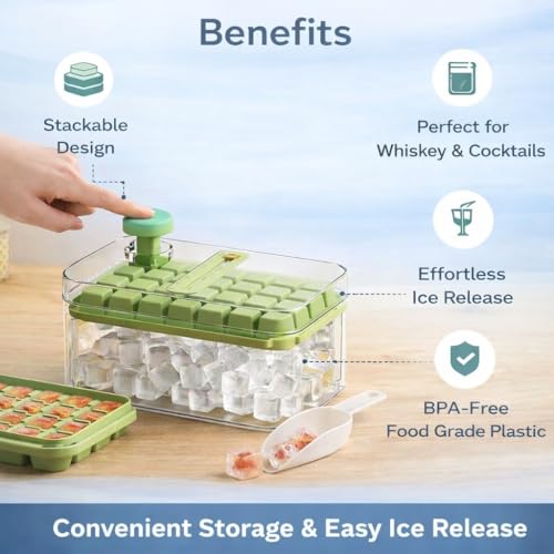 Image of DEVAR Ice Cube Tray with Lid & Storage Container | Press Release Ice Cube Mold for Freezer | Stackable Easy Release Ice Maker Tray, Plastic Square Ice Cube Tray for Whiskey, Cocktails & Home Kitchen