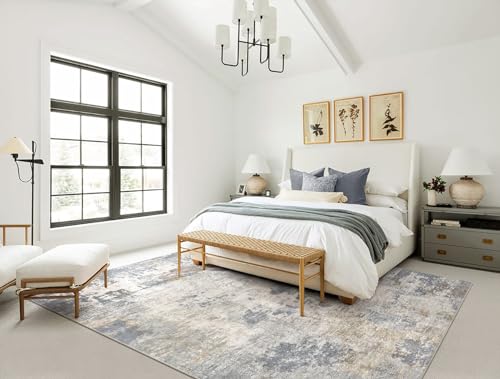 8x10 Area Rug Living Room Rugs - Washable Neutral Modern Abstract Soft Thin Large Rug Indoor Floor No Slip Rug Carpet for Bedroom Under Dining Table Home Office Decor - Blue Grey