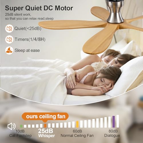 Image of 52 Inch Flush Mount Ceiling Fans with Lights and Remote, Dimmable 5 Blade Wood Outdoor Ceiling Fan Outdoor Fans for Patios Low Profile Modern Ceiling Fan with Light for Bedroom Living Room