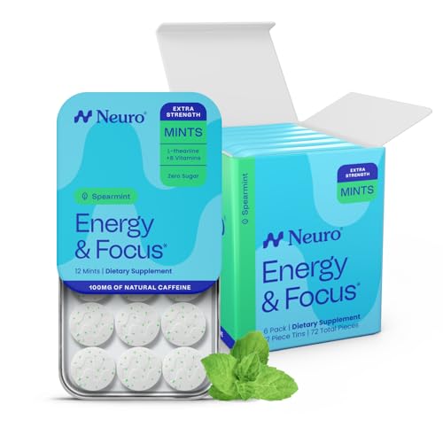 Neuro Energy & Focus Mints Extra Strength - Sugar Free Breath Mints with 100mg Natural Caffeine B Vitamins & L-Theanine - Vegan Brain Supplement for Exercise Study & Daily Focus - Spearmint 72 ct